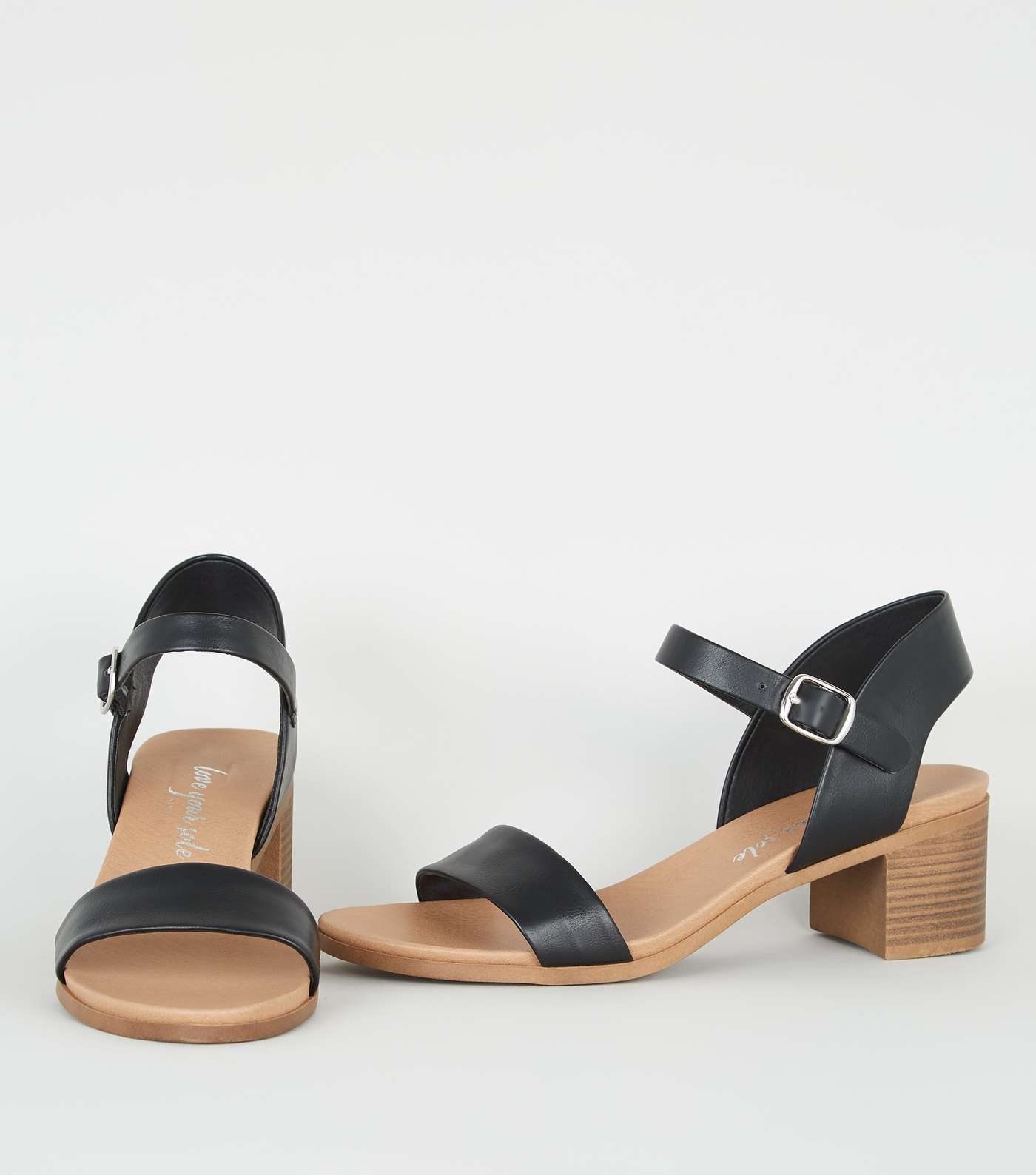 Black Leather-Look Low Block Heel Sandals Image 3