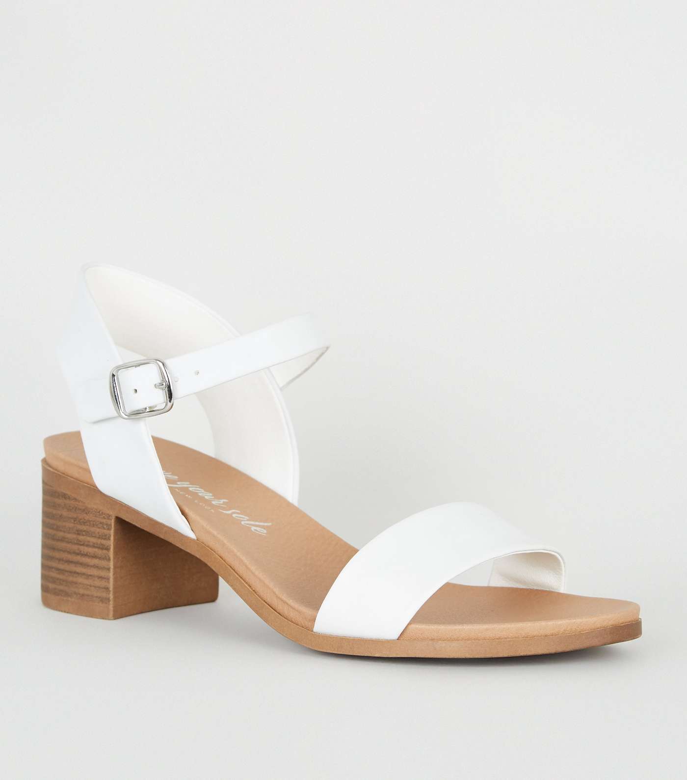 White Leather-Look Low Block Heel Sandals