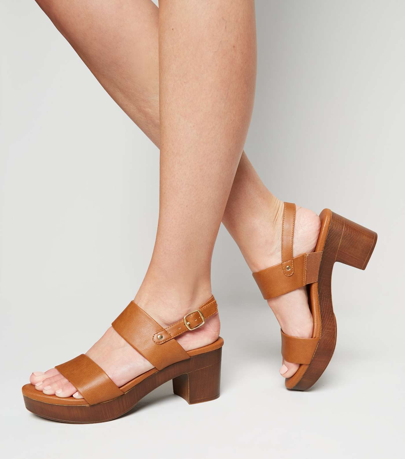Tan Leather-Look Wood Platform Block Heels Image 2