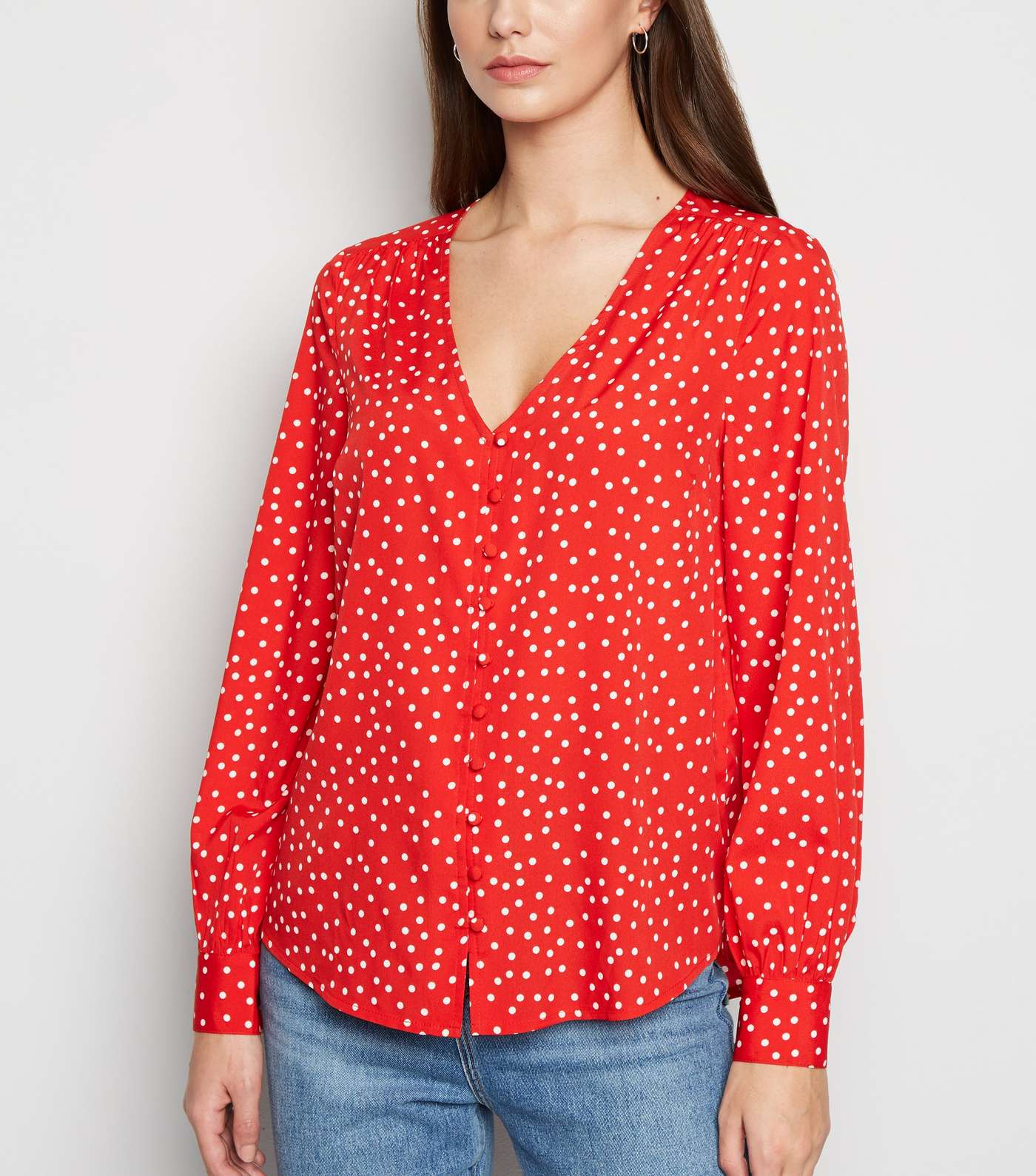 Red Spot Button Front Blouse 