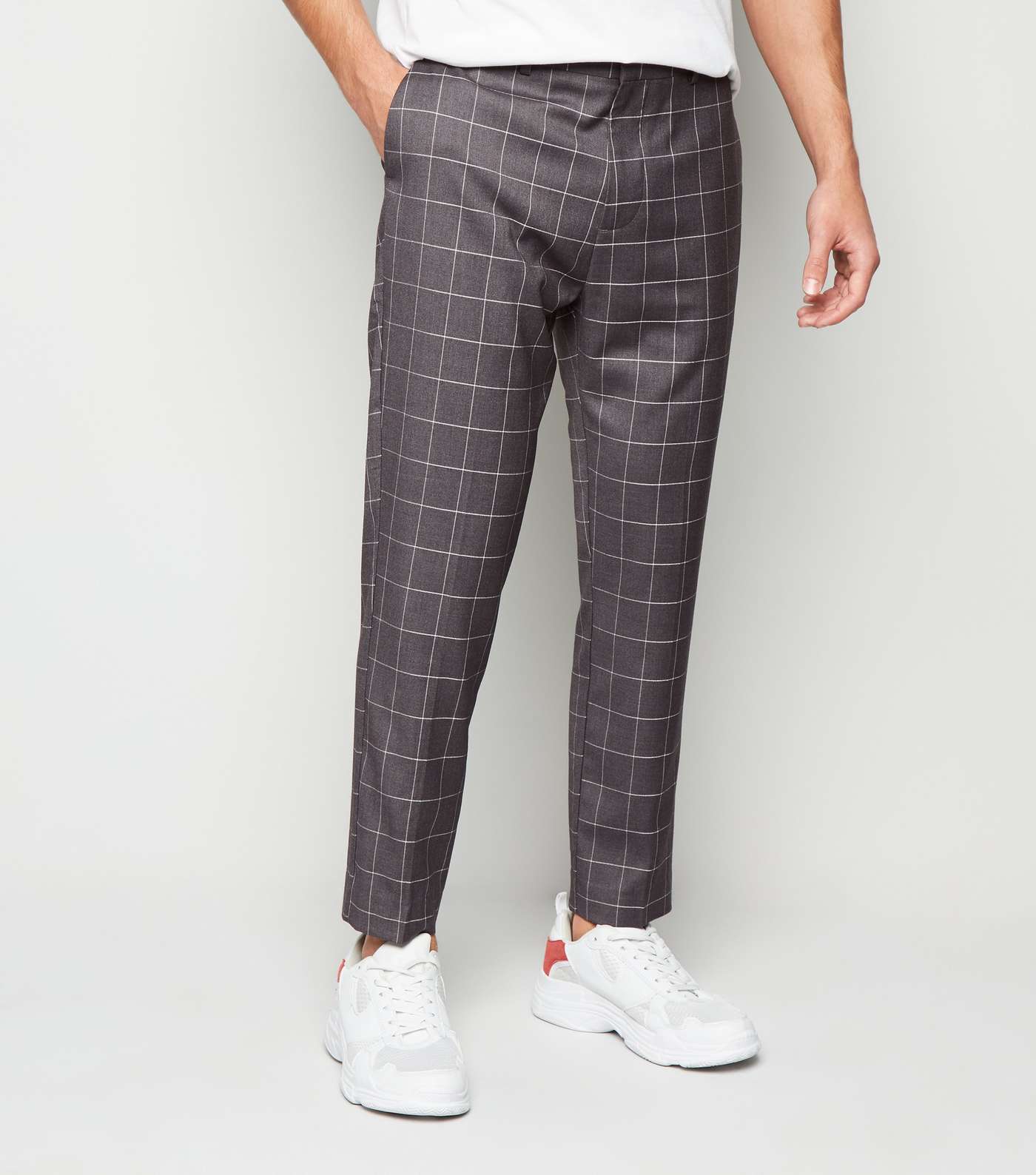 Pale Grey Check Skinny Crop Trousers