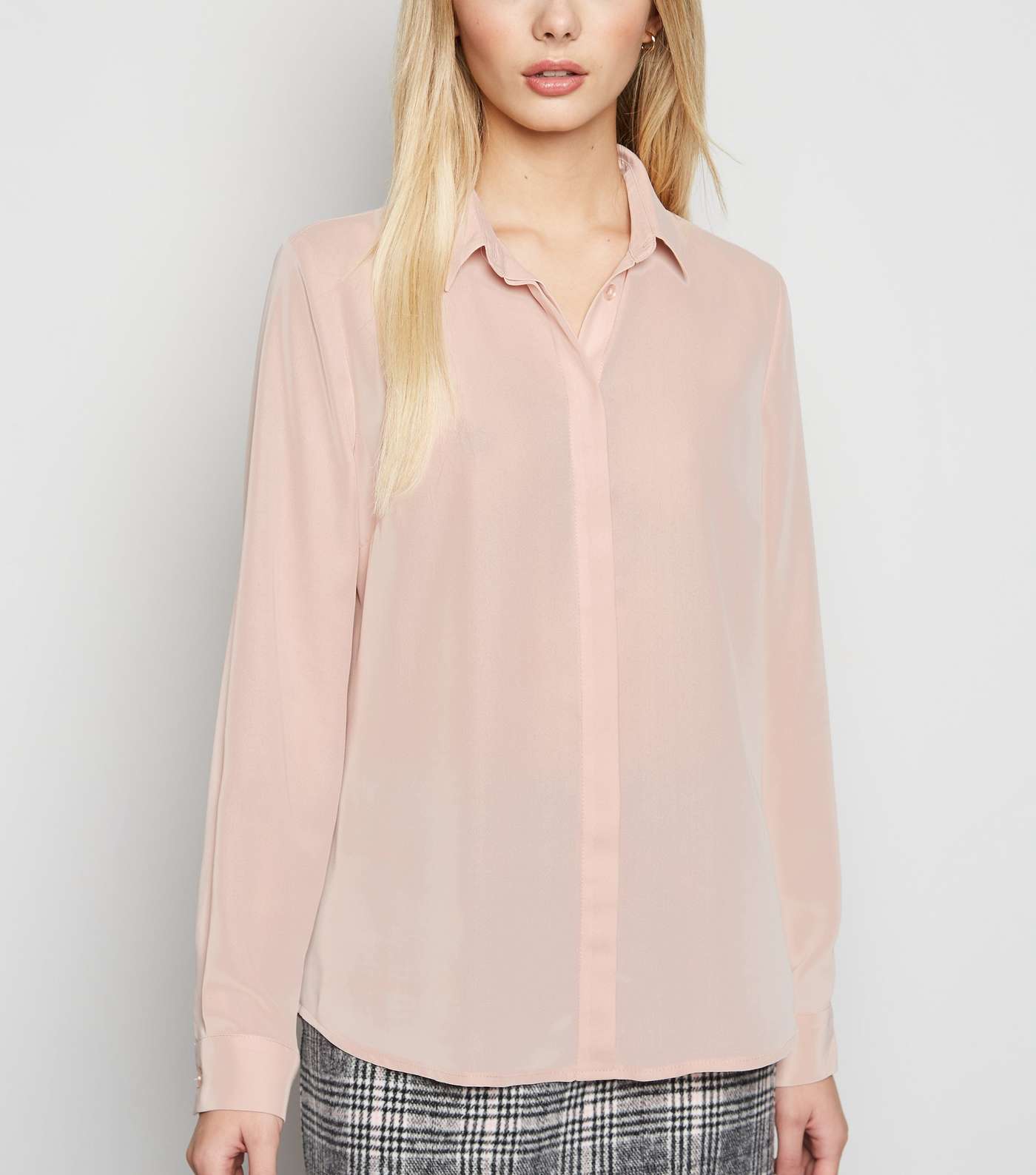 Pale Pink Chiffon Collared Long Sleeve Shirt