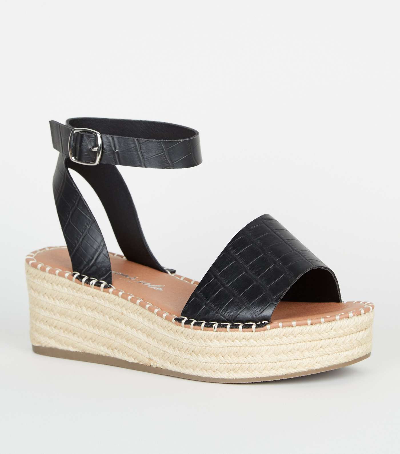 Wide Fit Black Faux Croc Espadrille Flatform Sandals