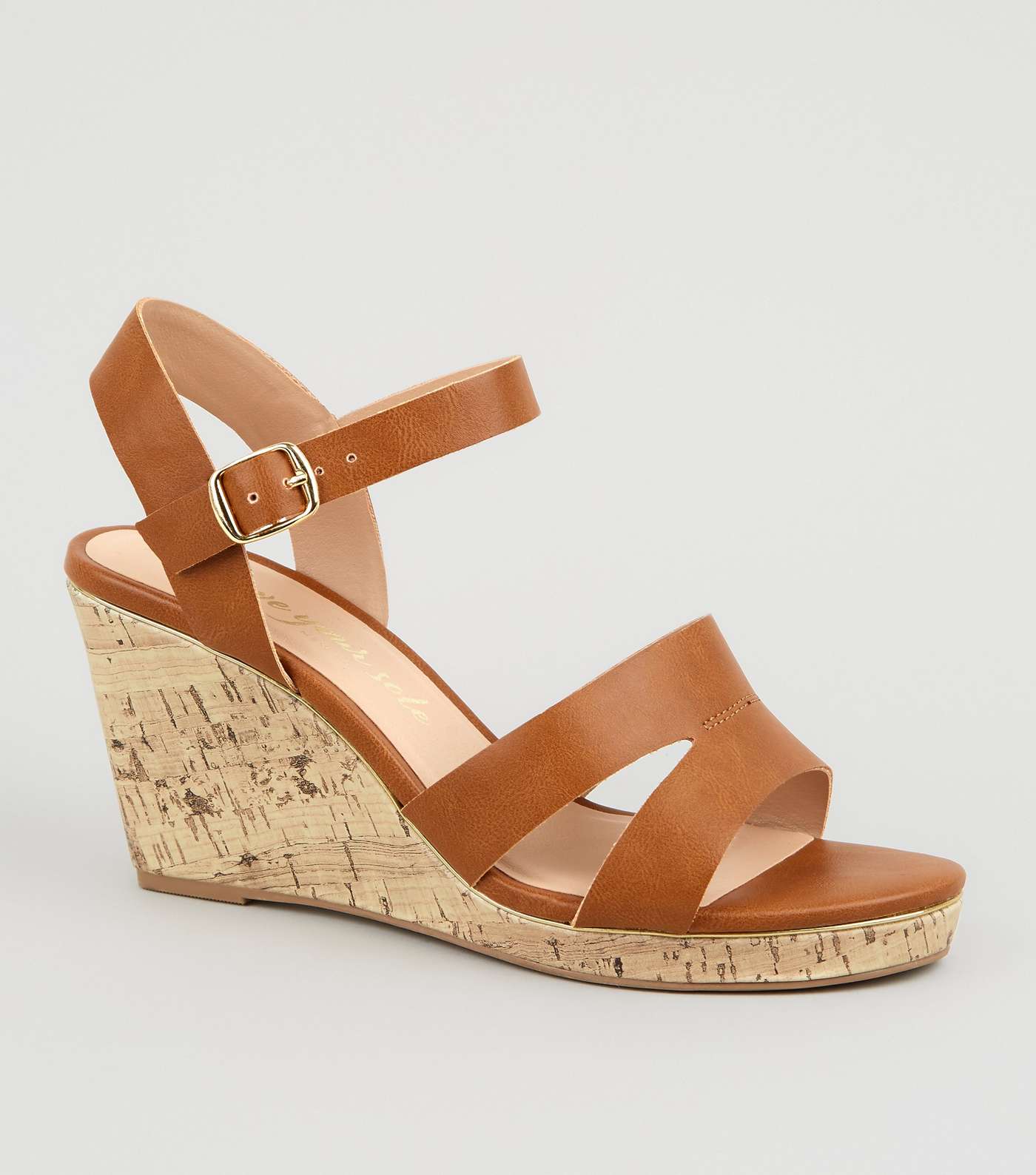 Wide Fit Tan Leather-Look Cork Wedges