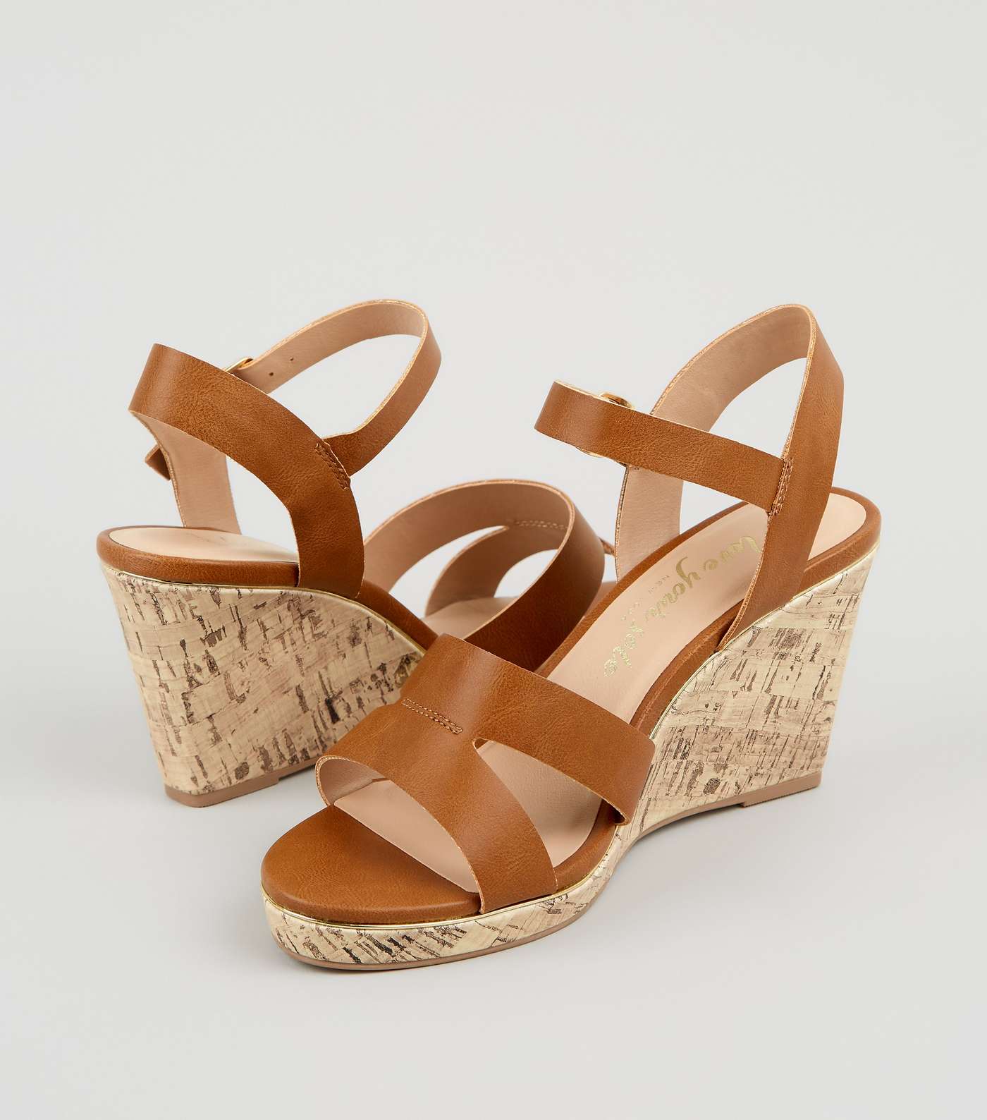 Wide Fit Tan Leather-Look Cork Wedges Image 3