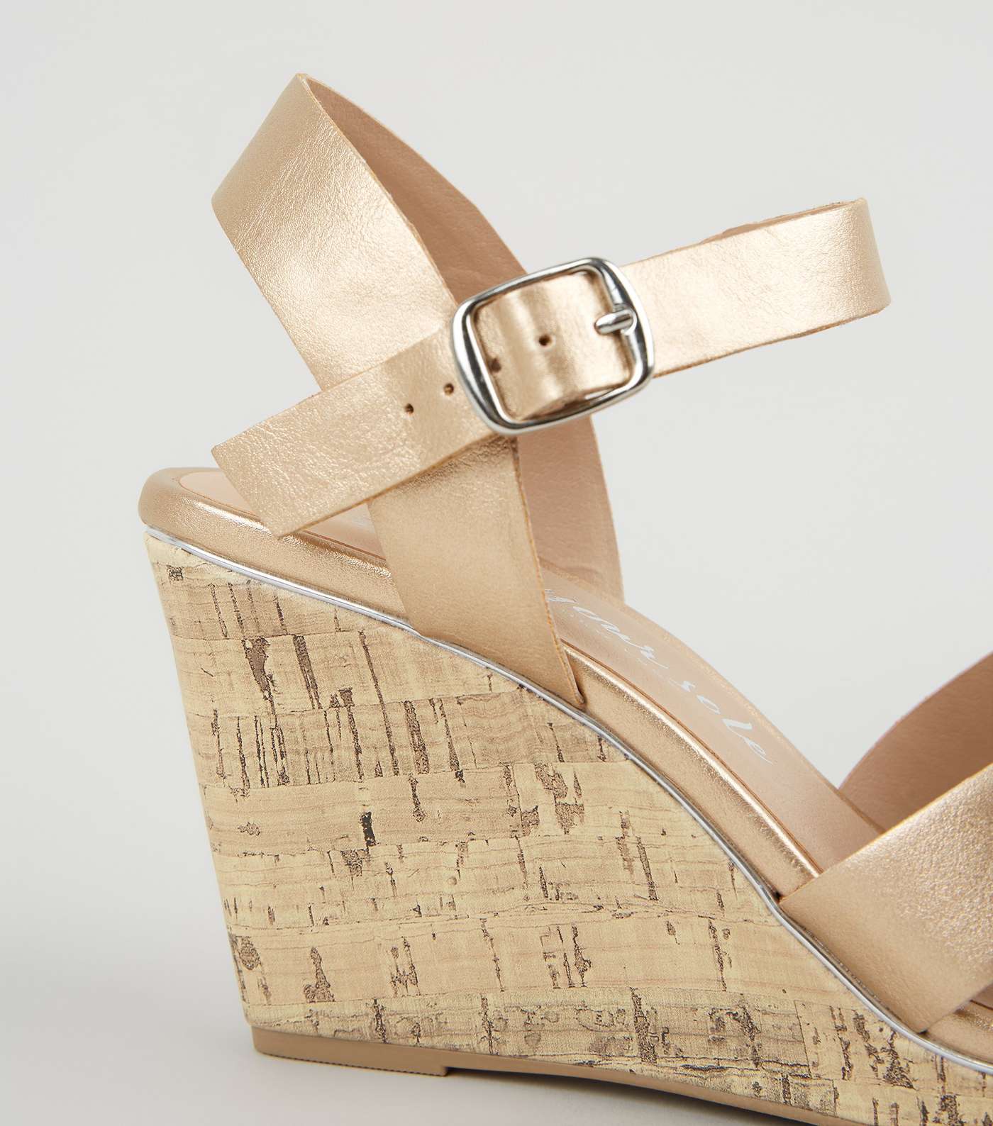 Wide Fit Rose Gold Leather-Look Cork Wedges Image 4
