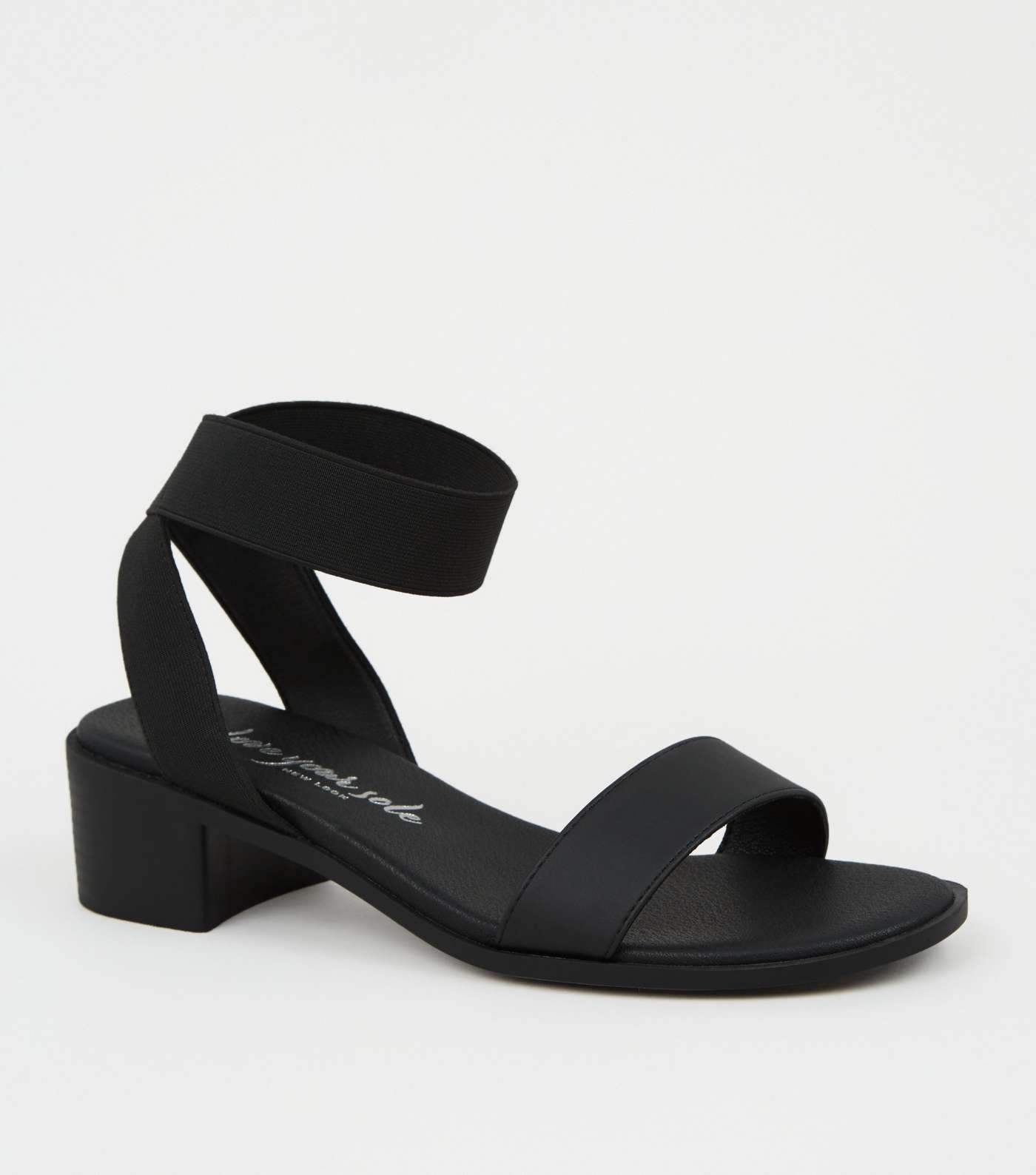 Wide Fit Black Elastic Strap Block Heel Sandals 