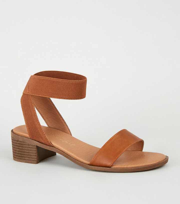 Wide Fit Tan Elastic Strap Block Heel Sandals