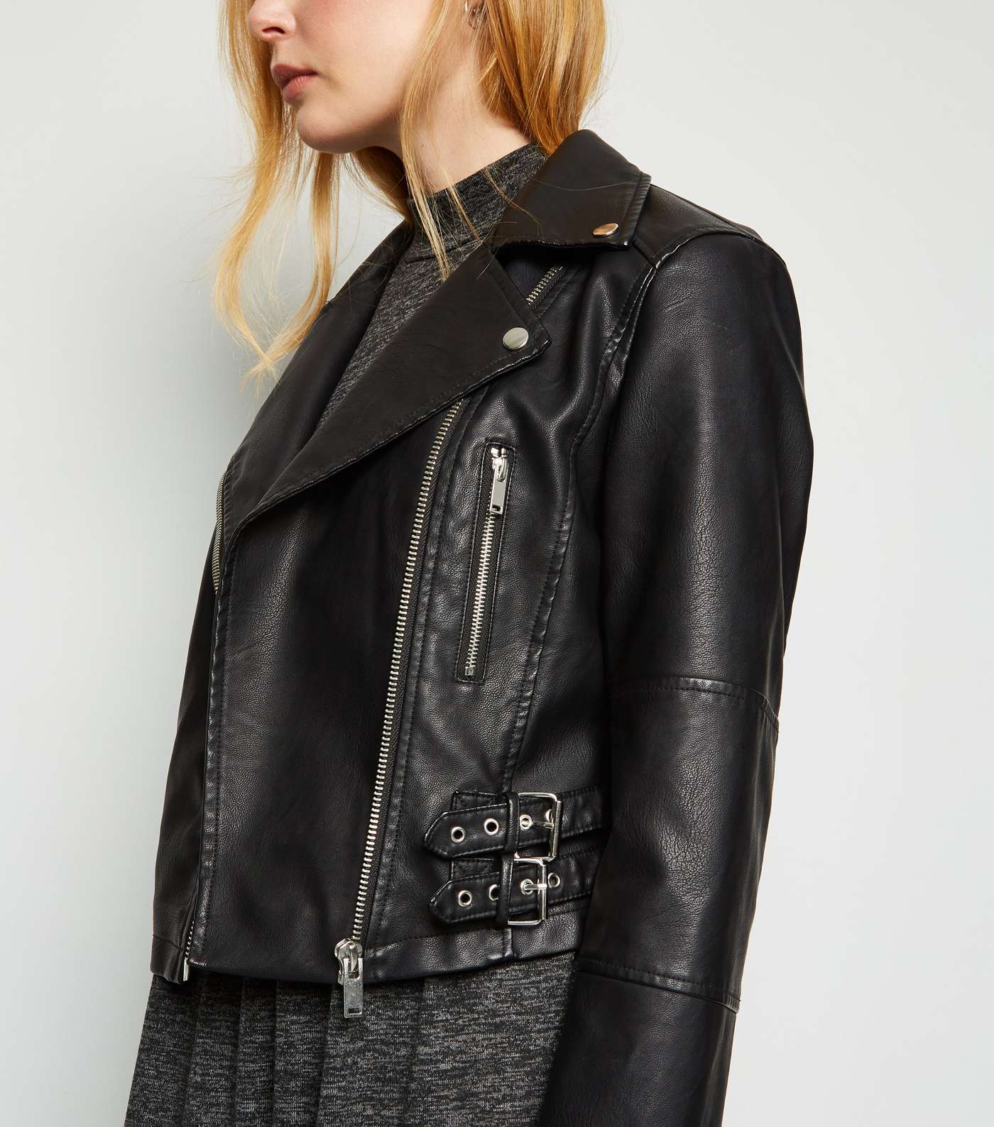Black Leather-Look Buckle Biker Jacket Image 5