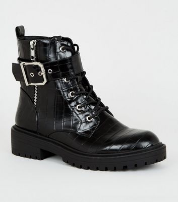 Black Faux Croc Lace Up Boots | New Look