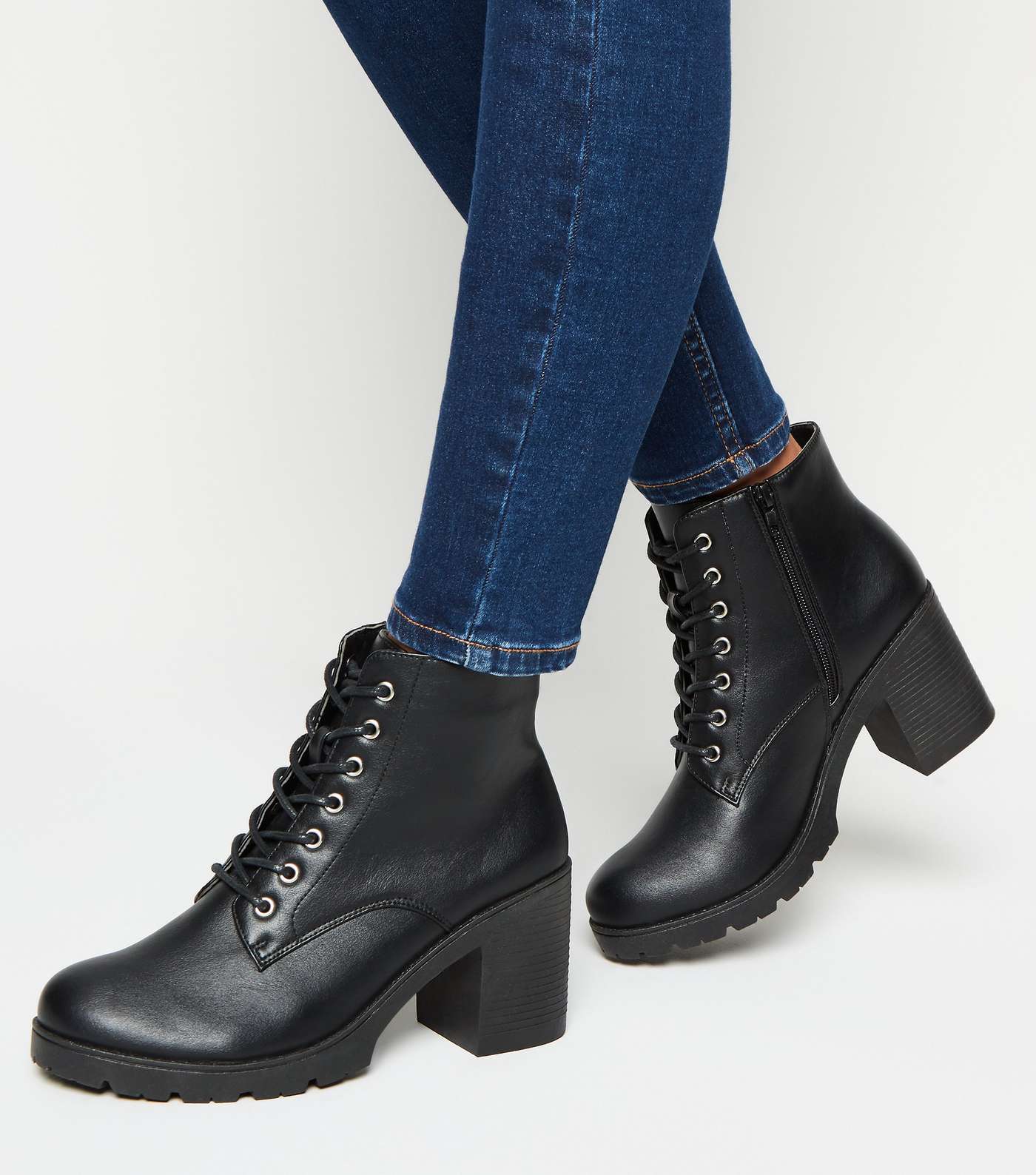 Black Leather-Look Lace Up Heeled Boots Image 2