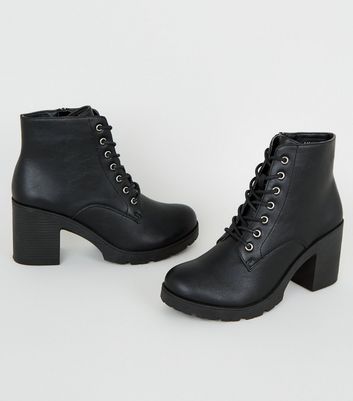 Black Leather-Look Lace Up Heeled Boots 