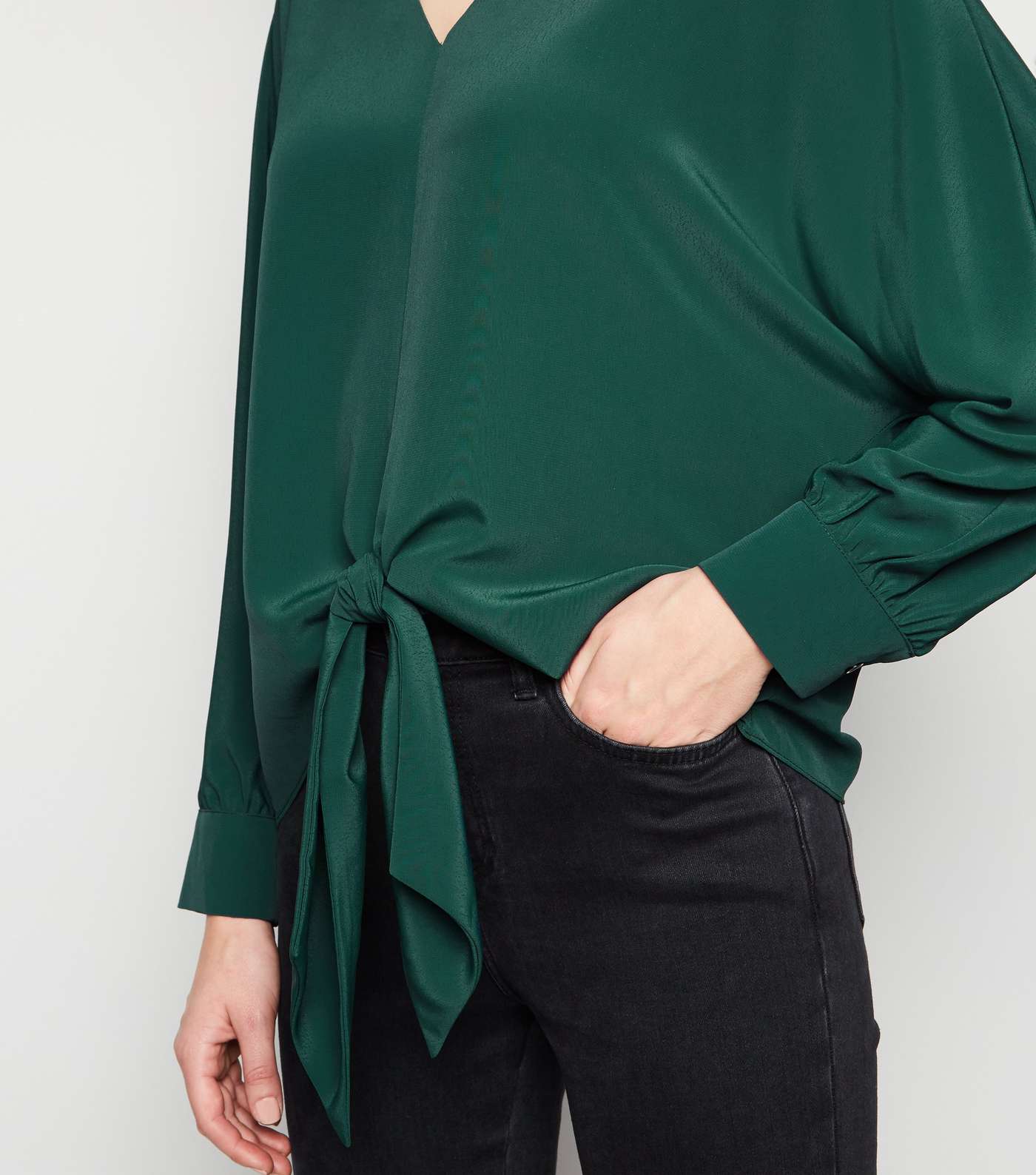 Dark Green Long Sleeve Tie Front Blouse Image 5