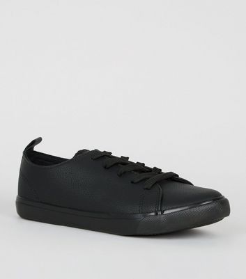 Wide Fit Black Leather-Look Trainers 