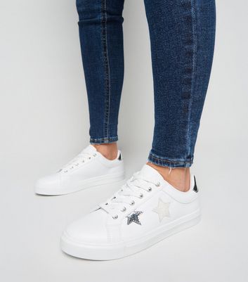White Leather-Look Side Star Trainers 