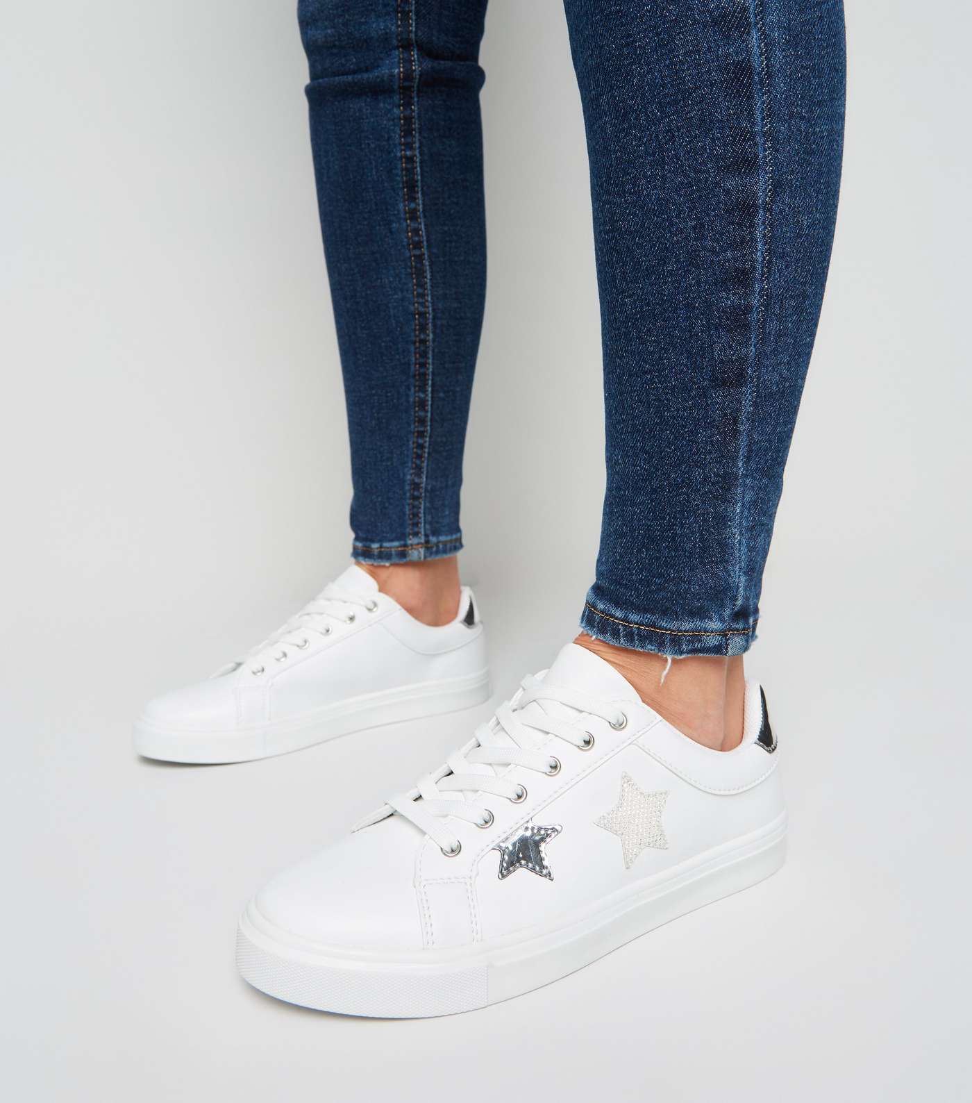White Leather-Look Side Star Trainers Image 2