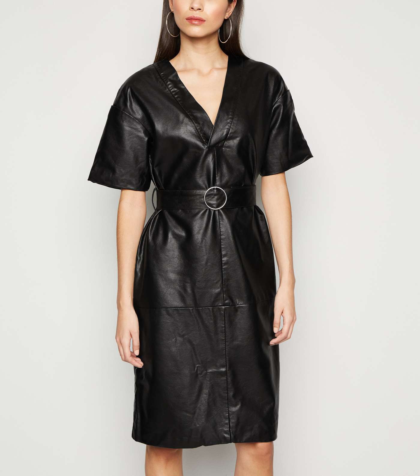 NA-KD Black Coated Leather-Look Belted Dress