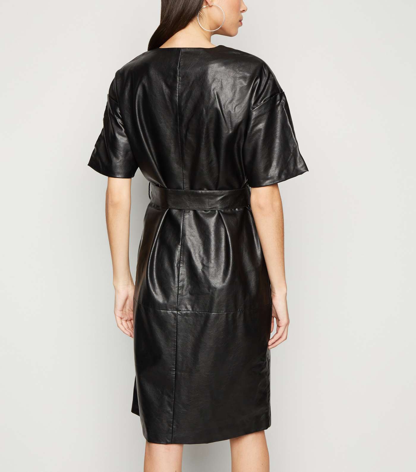 NA-KD Black Coated Leather-Look Belted Dress Image 3