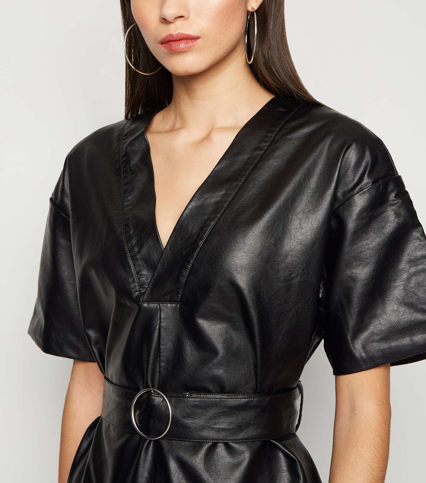 NA-KD Black Coated Leather-Look Belted Dress Image 5