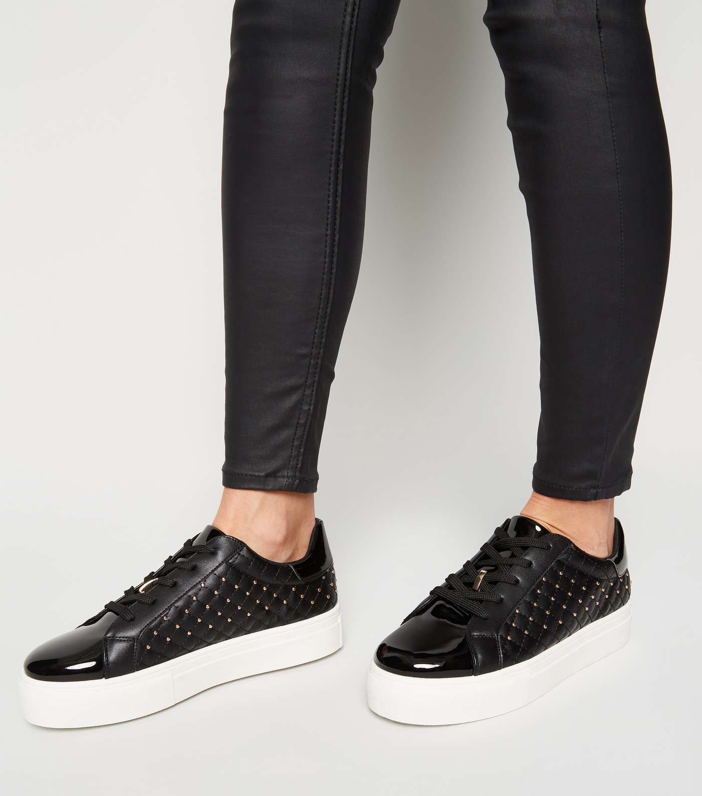 Black Leather-Look and Patent Quilted Trainers Image 2