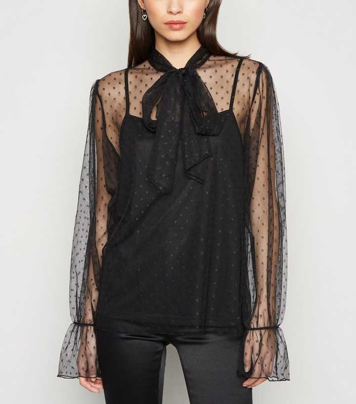 NA-KD Black Spot Mesh Tie Neck Blouse