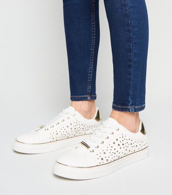 White Leather-Look Metallic Star Side Trainers | New Look