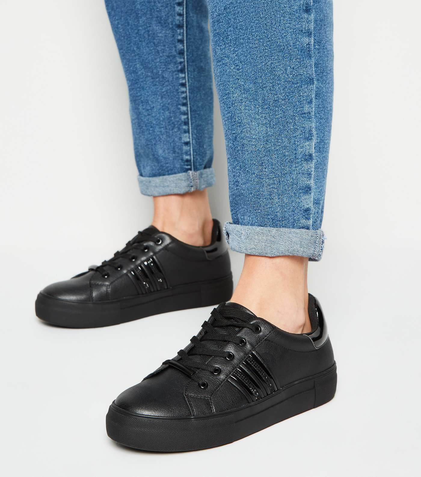 Black Glitter Stripe Lace Up Trainers Image 2