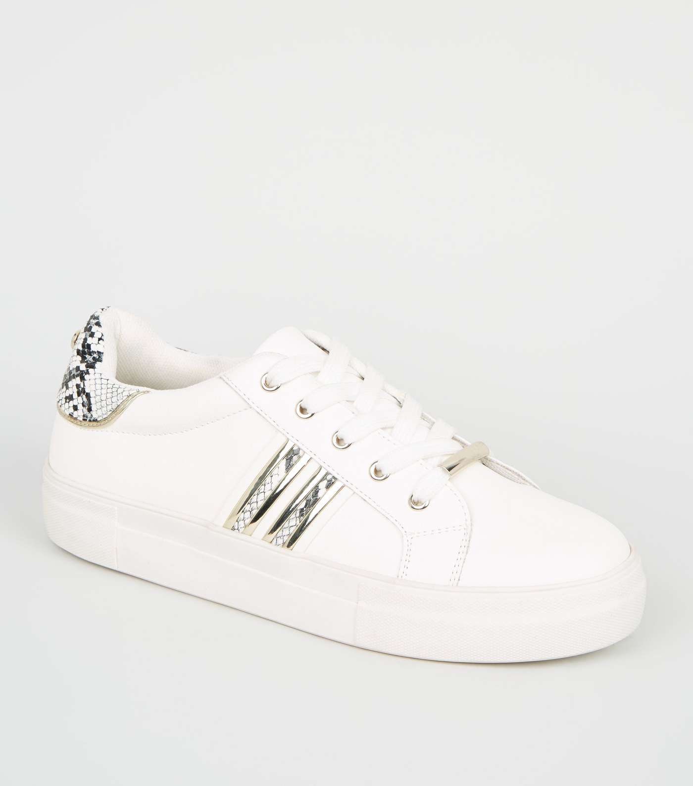 White Leather-Look Faux Snake Trim Trainers