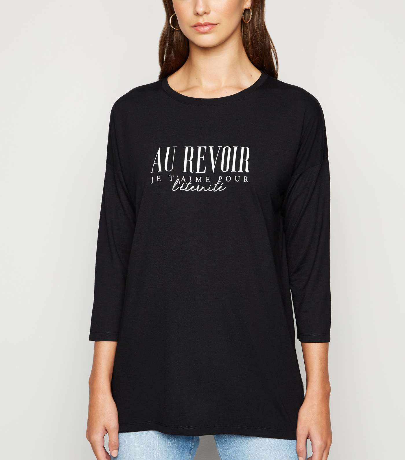 Black Au Revoir Slogan 3/4 Sleeve Top