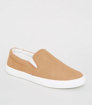 Image of Stone Suedette Slip On Trainers New Look Vegan