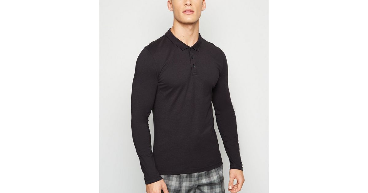 Dark Grey Long Sleeve Muscle Fit Polo Shirt New Look