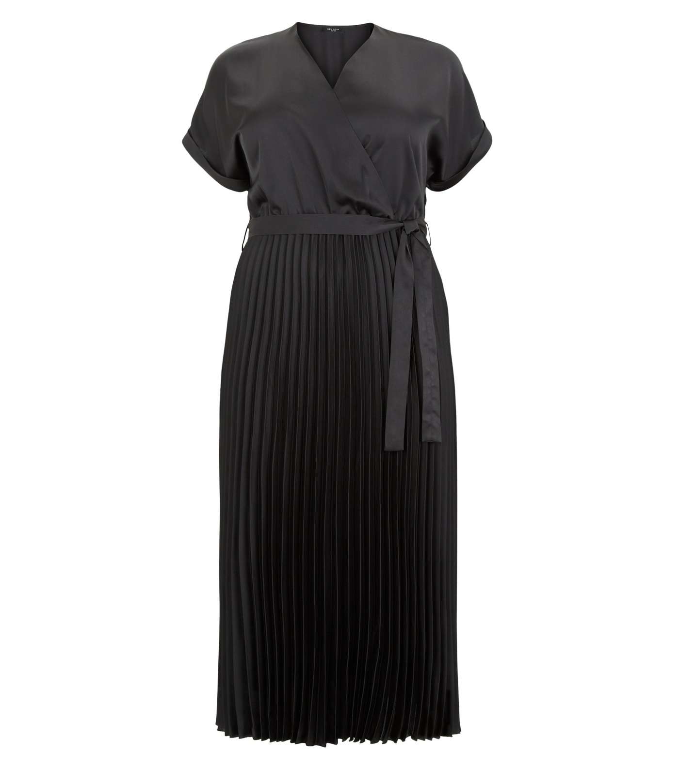 Curves Black Satin Pleated Midi Dress Image 4