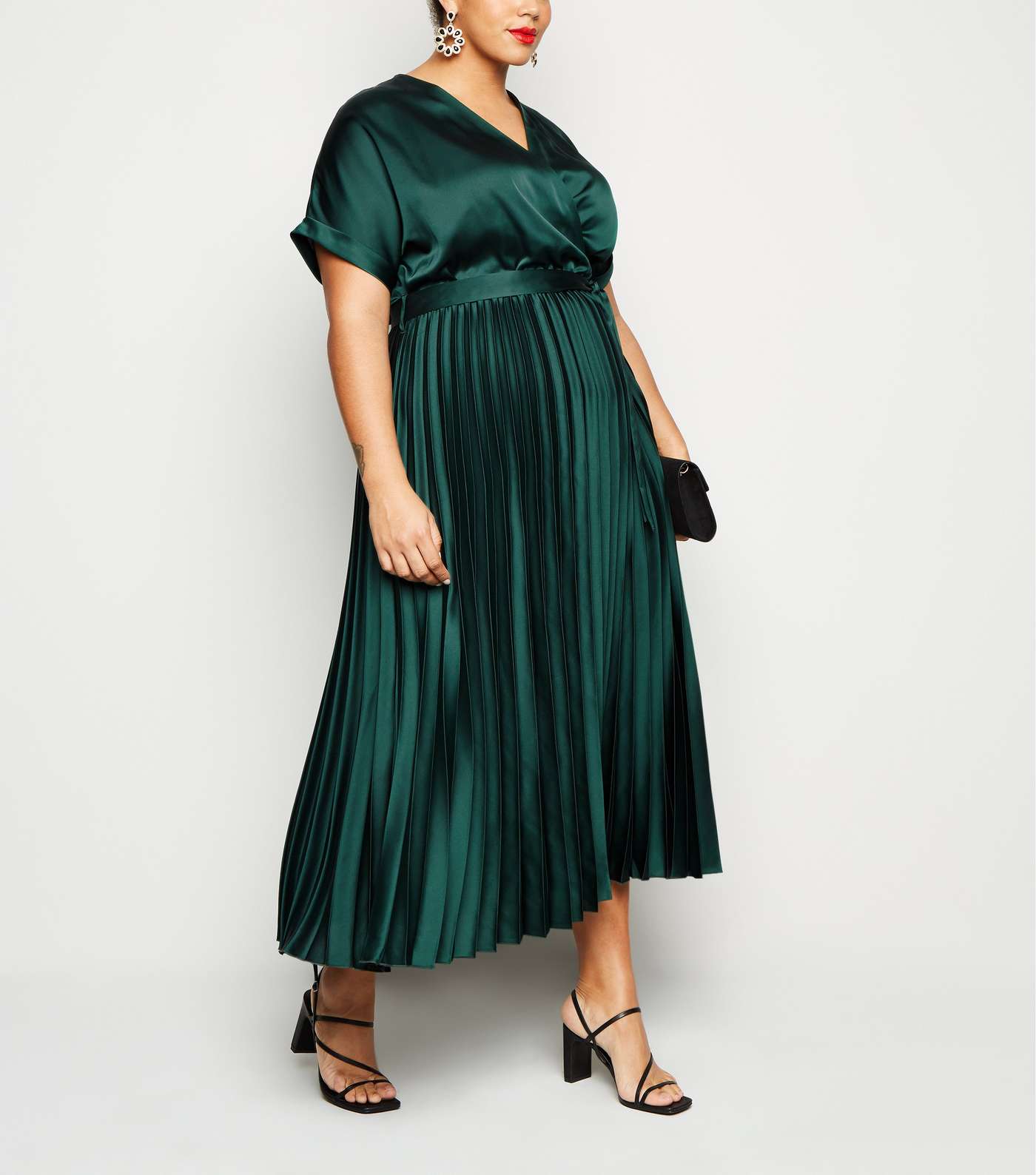 Curves Dark Green Satin Pleated Midi Dress