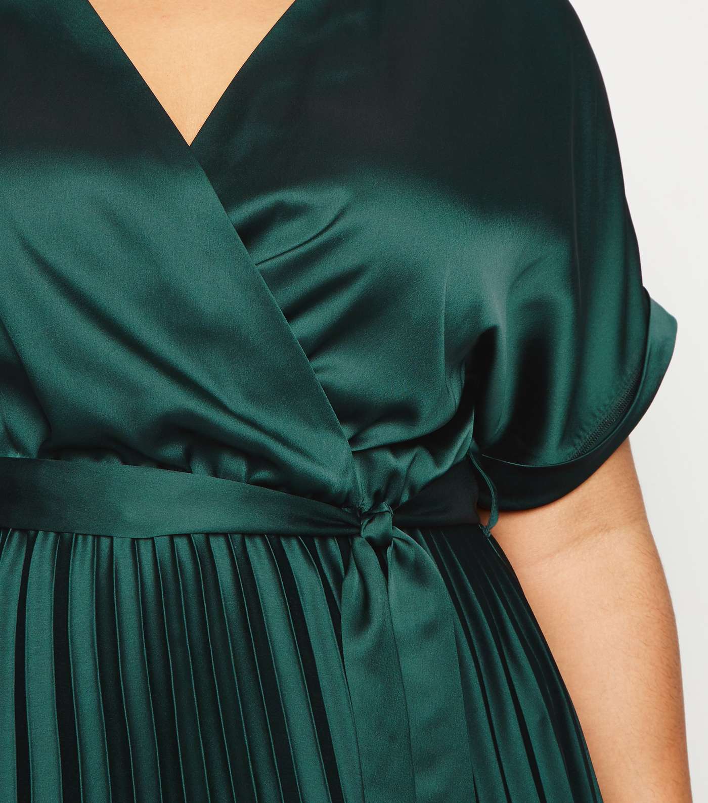 Curves Dark Green Satin Pleated Midi Dress Image 5