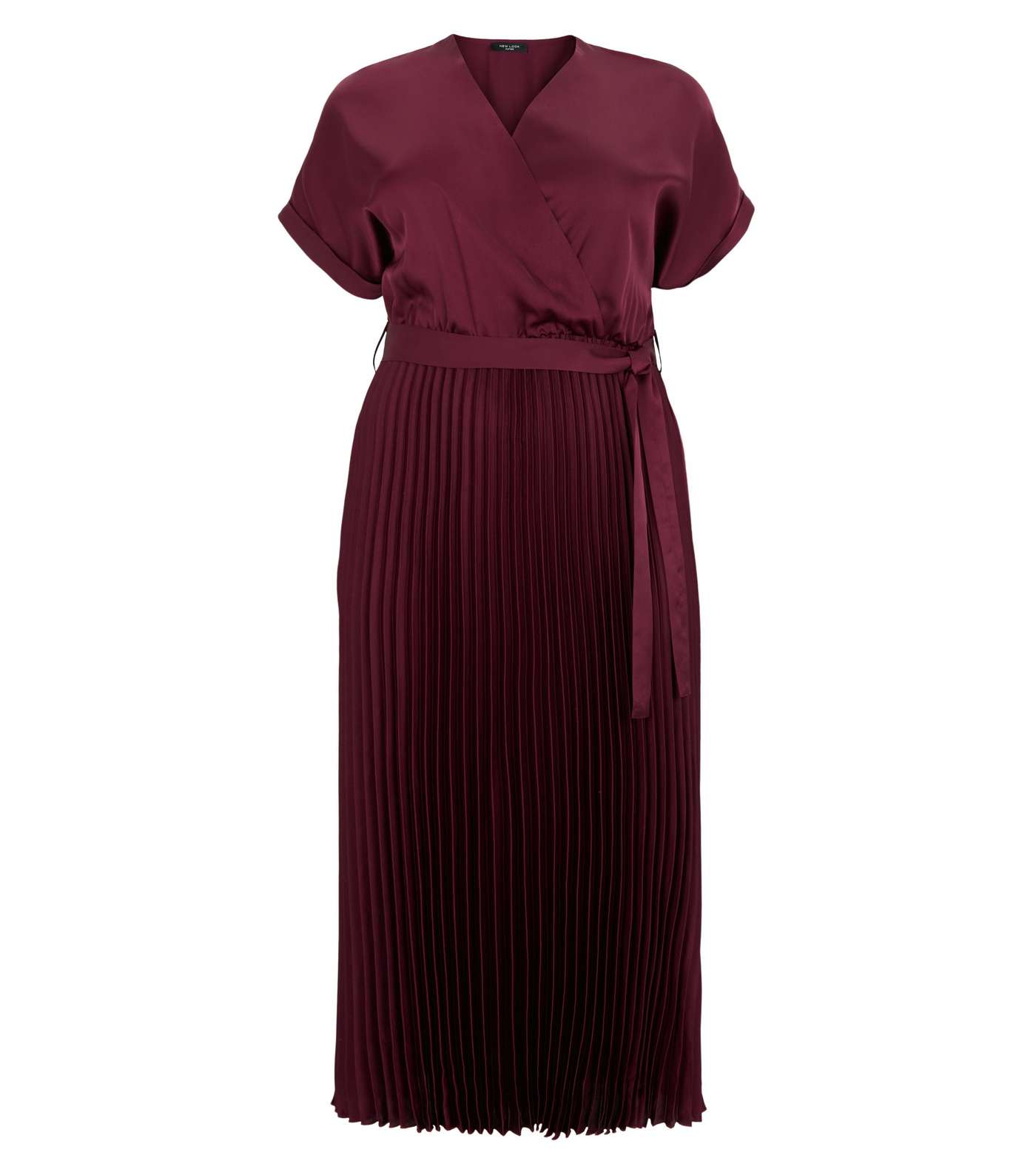 Curves Burgundy Satin Pleated Midi Dress Image 4