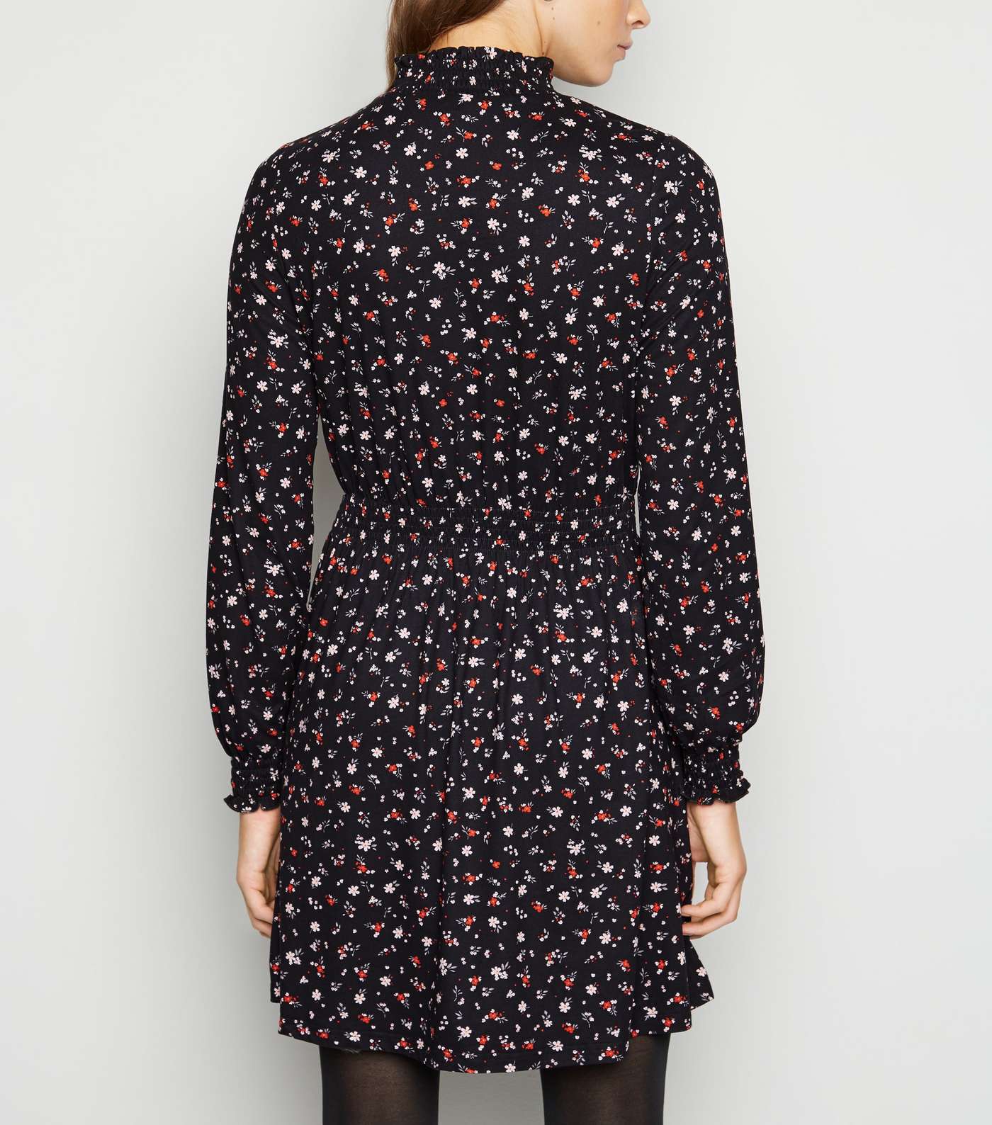 Black Floral Shirred Mini Smock Dress Image 3
