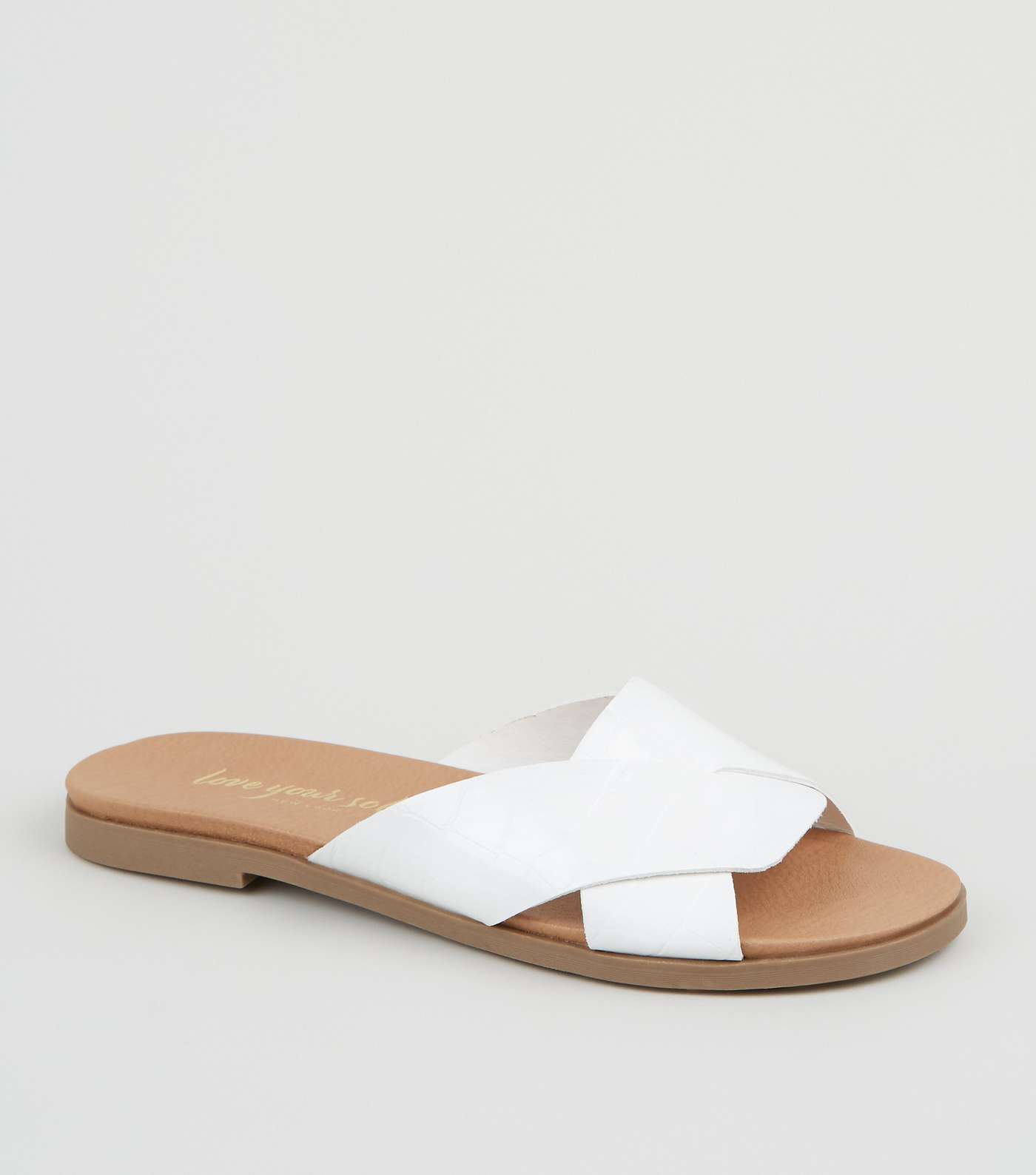 Wide Fit White Faux Croc Footbed Sliders