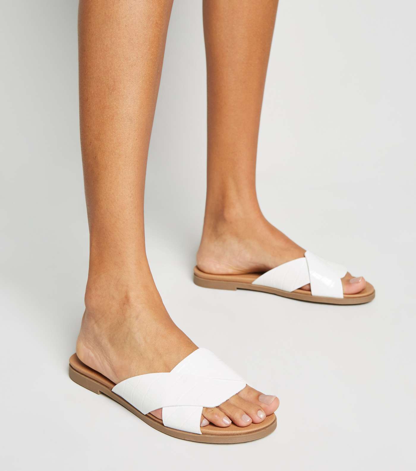 Wide Fit White Faux Croc Footbed Sliders Image 2