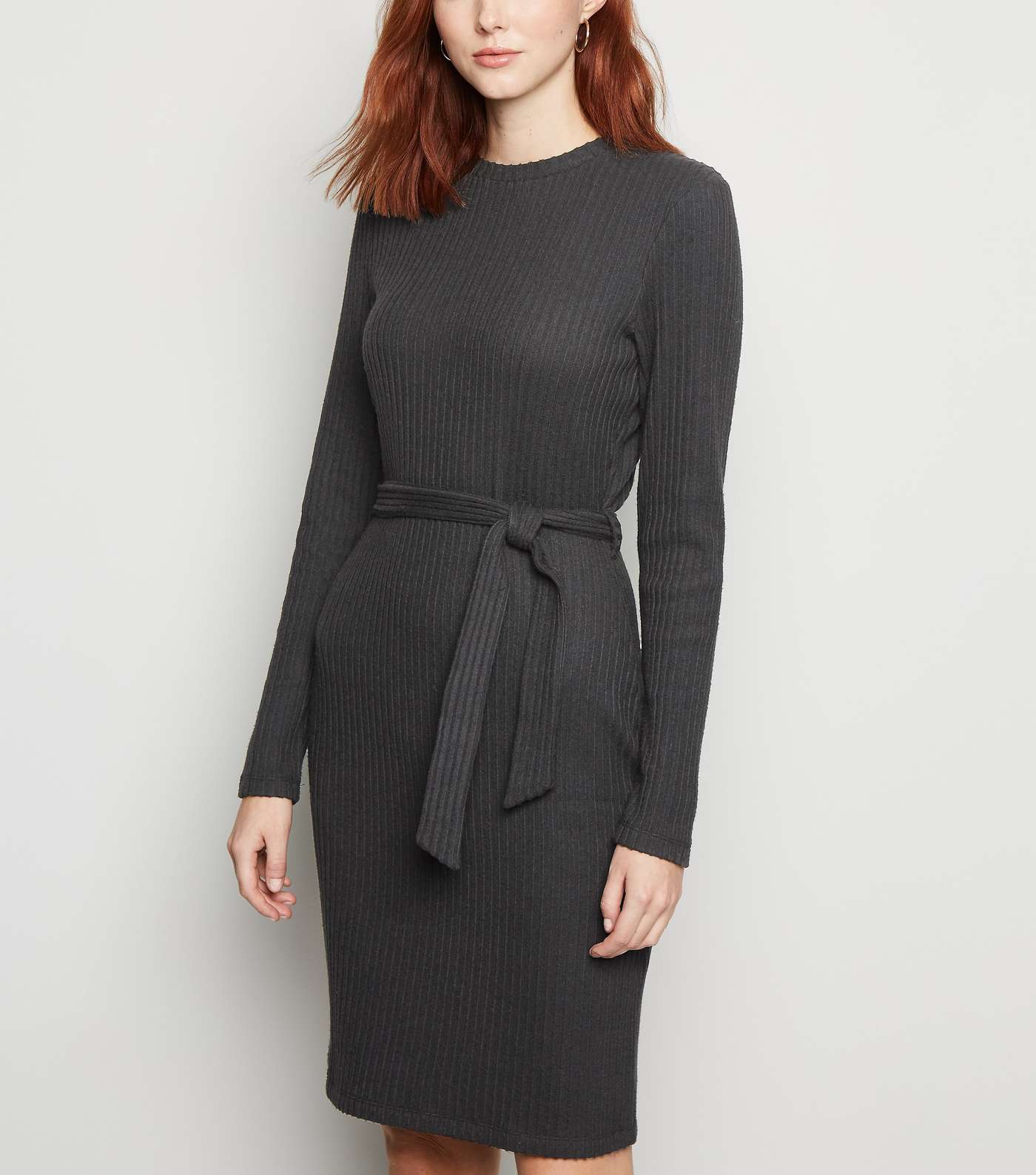 Tall Black Ribbed Knit Belted Tunic Dress