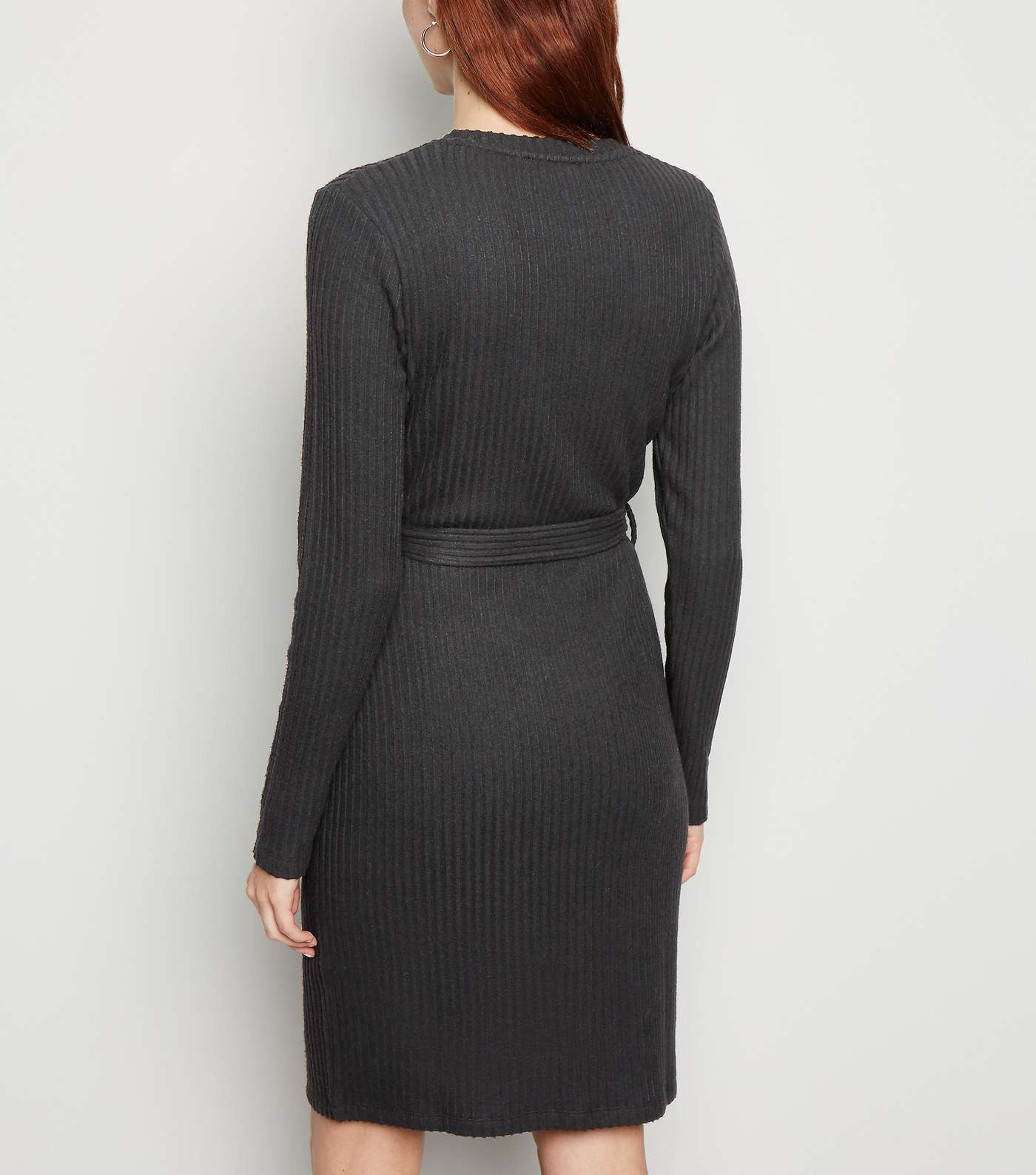 Tall Black Ribbed Knit Belted Tunic Dress Image 3