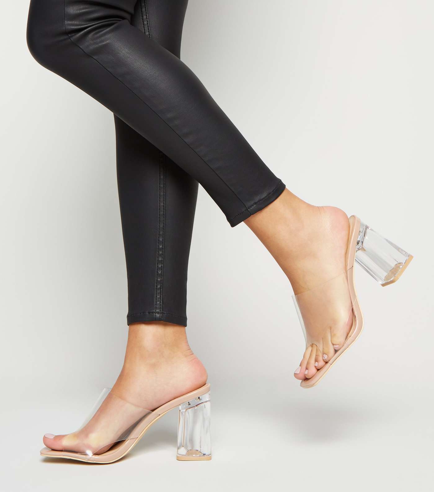 Pale Pink Patent Clear Strap Block Heel Mules Image 2