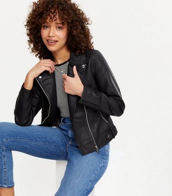 Black Leather-Look Zip Biker Jacket 