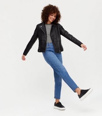 Black Leather-Look Zip Biker Jacket 