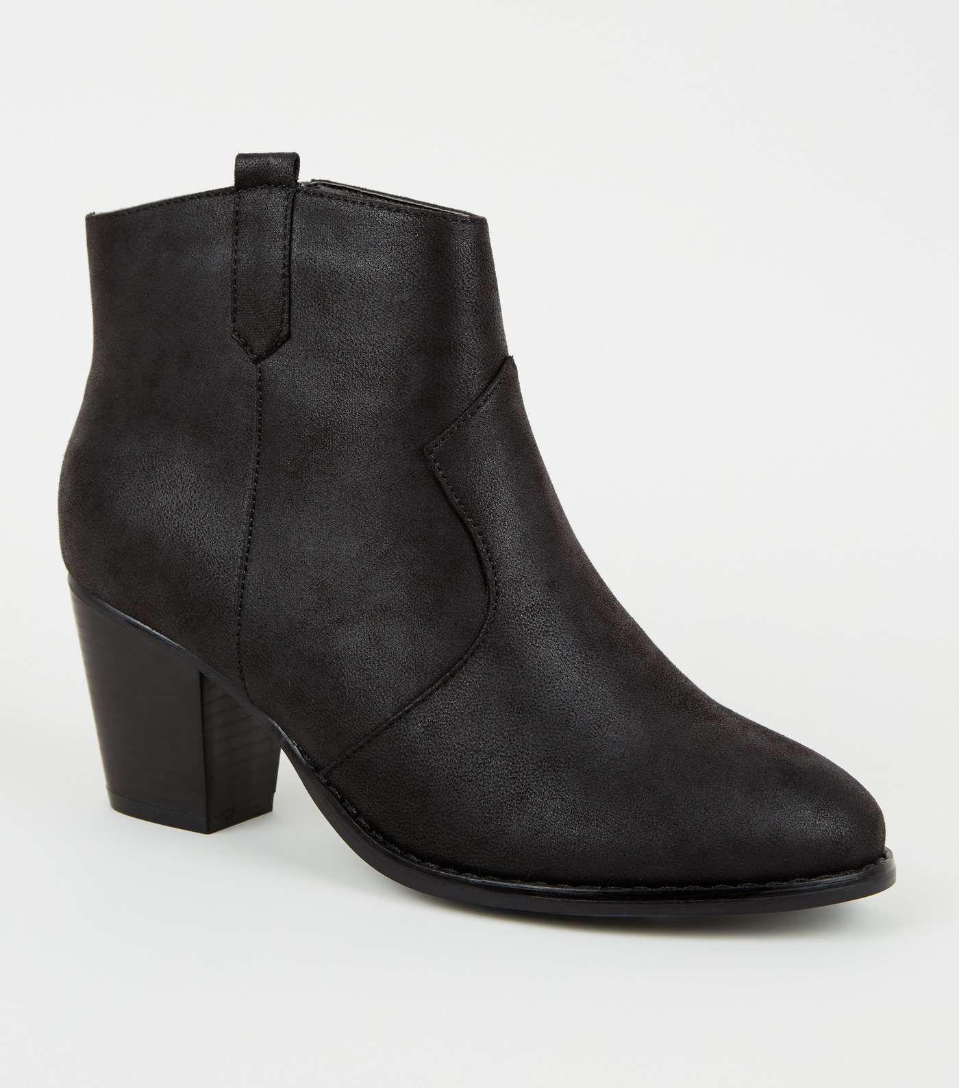 Wide Fit Black Leather-Look Heeled Western Boots