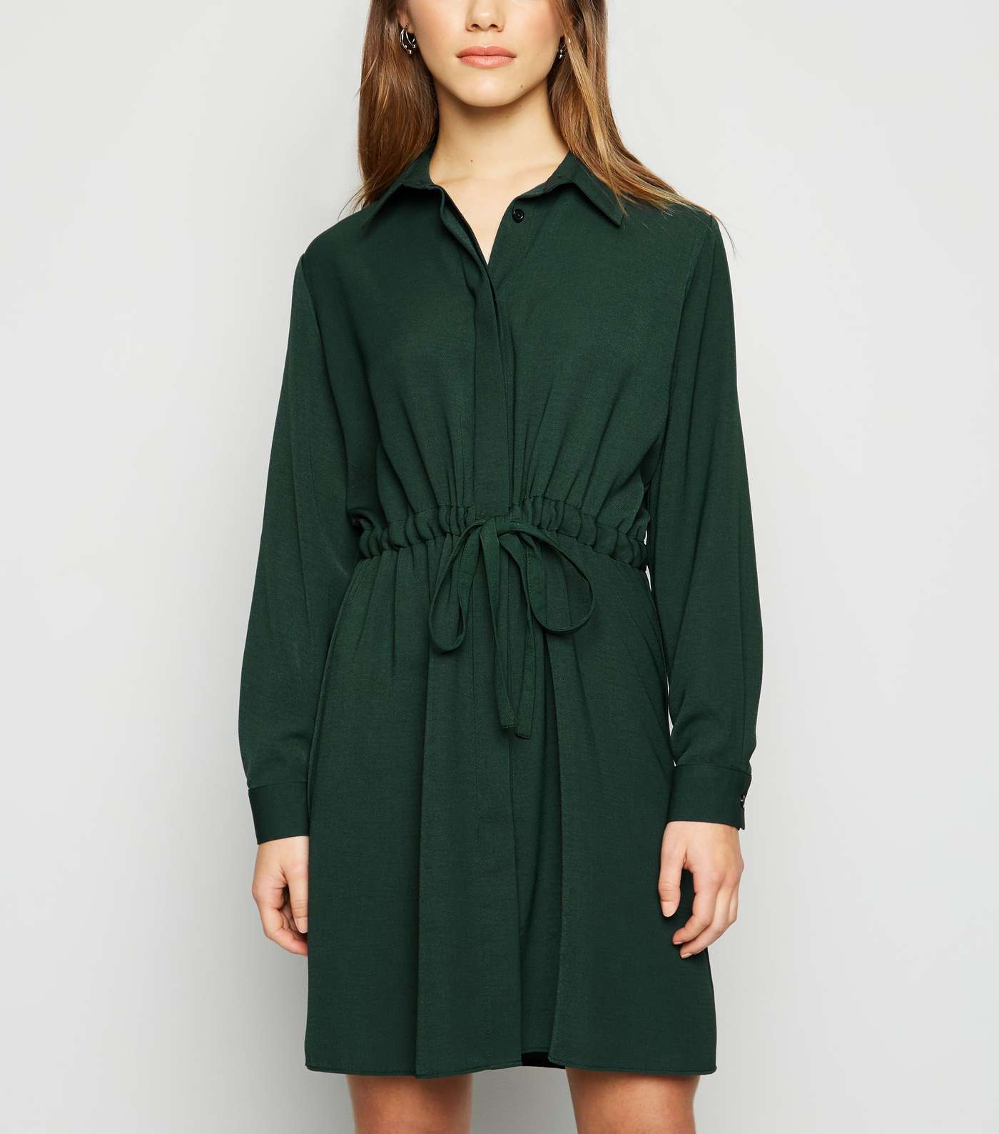 Petite Dark Green Drawstring Shirt Dress