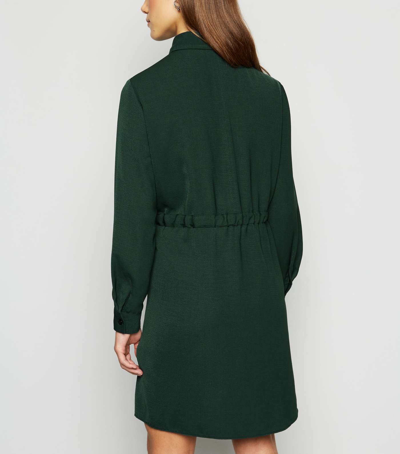 Petite Dark Green Drawstring Shirt Dress Image 3