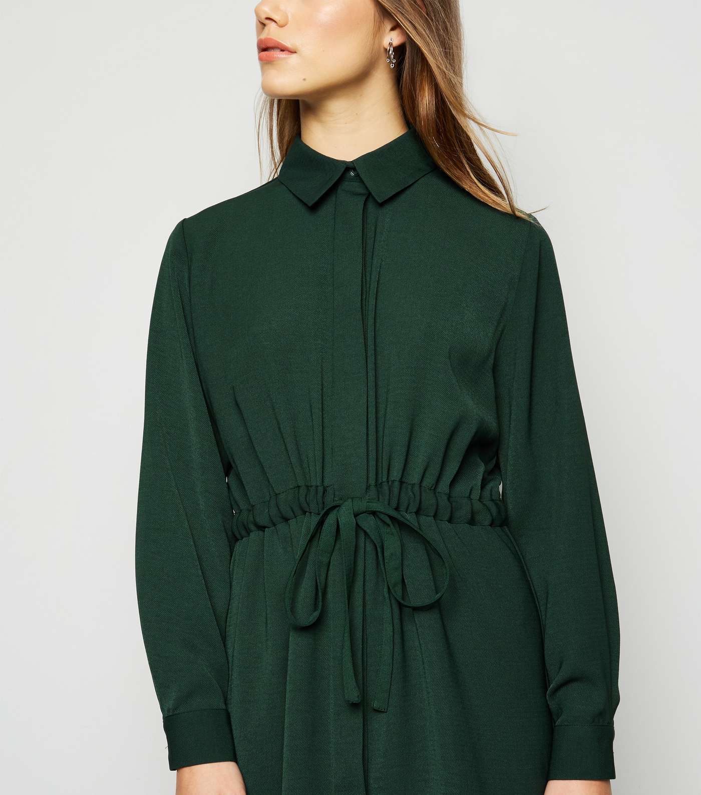 Petite Dark Green Drawstring Shirt Dress Image 5