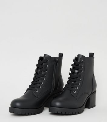 black leather chunky heel boots