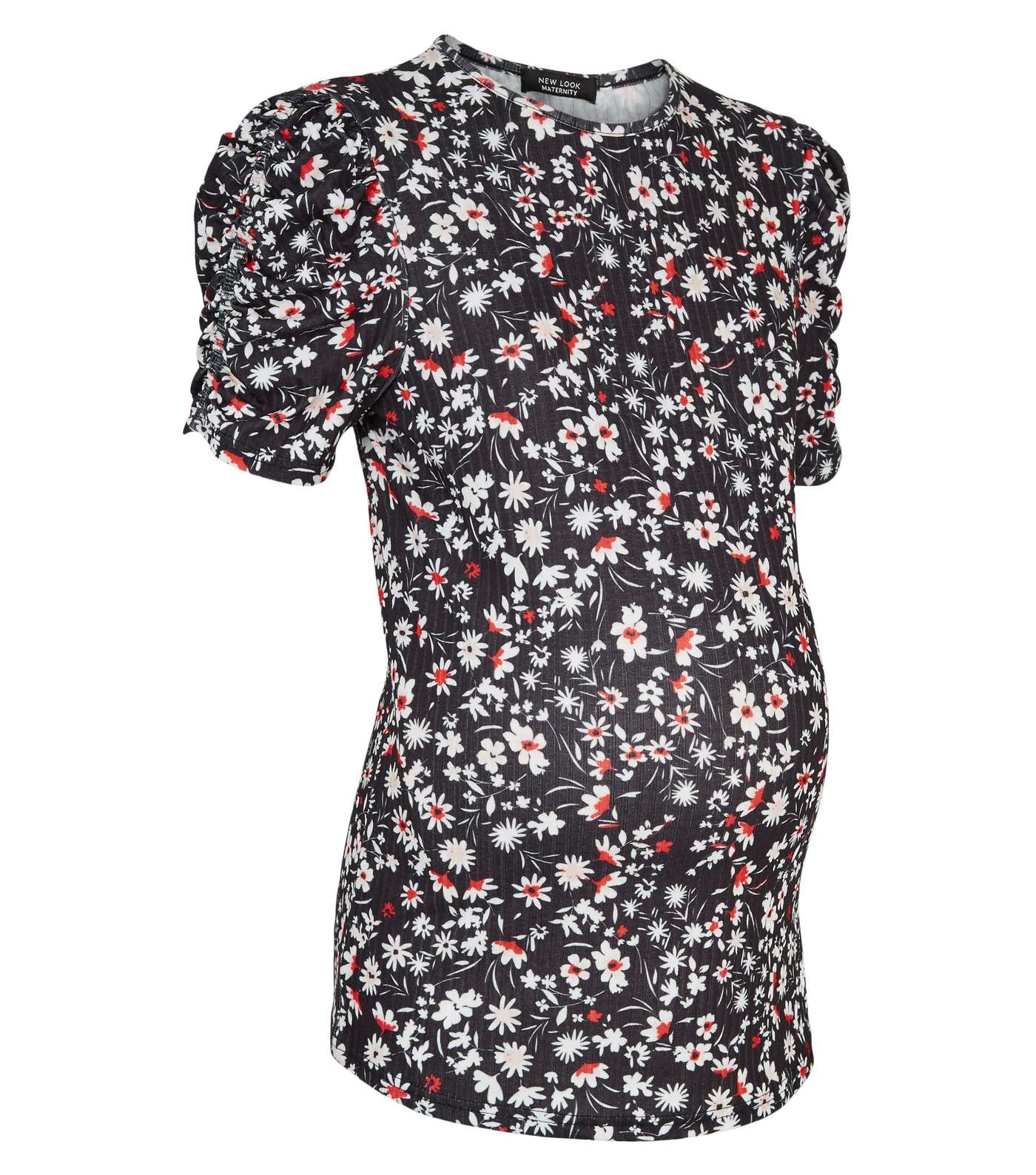 Maternity Black Floral Ruched Sleeve T-Shirt Image 4