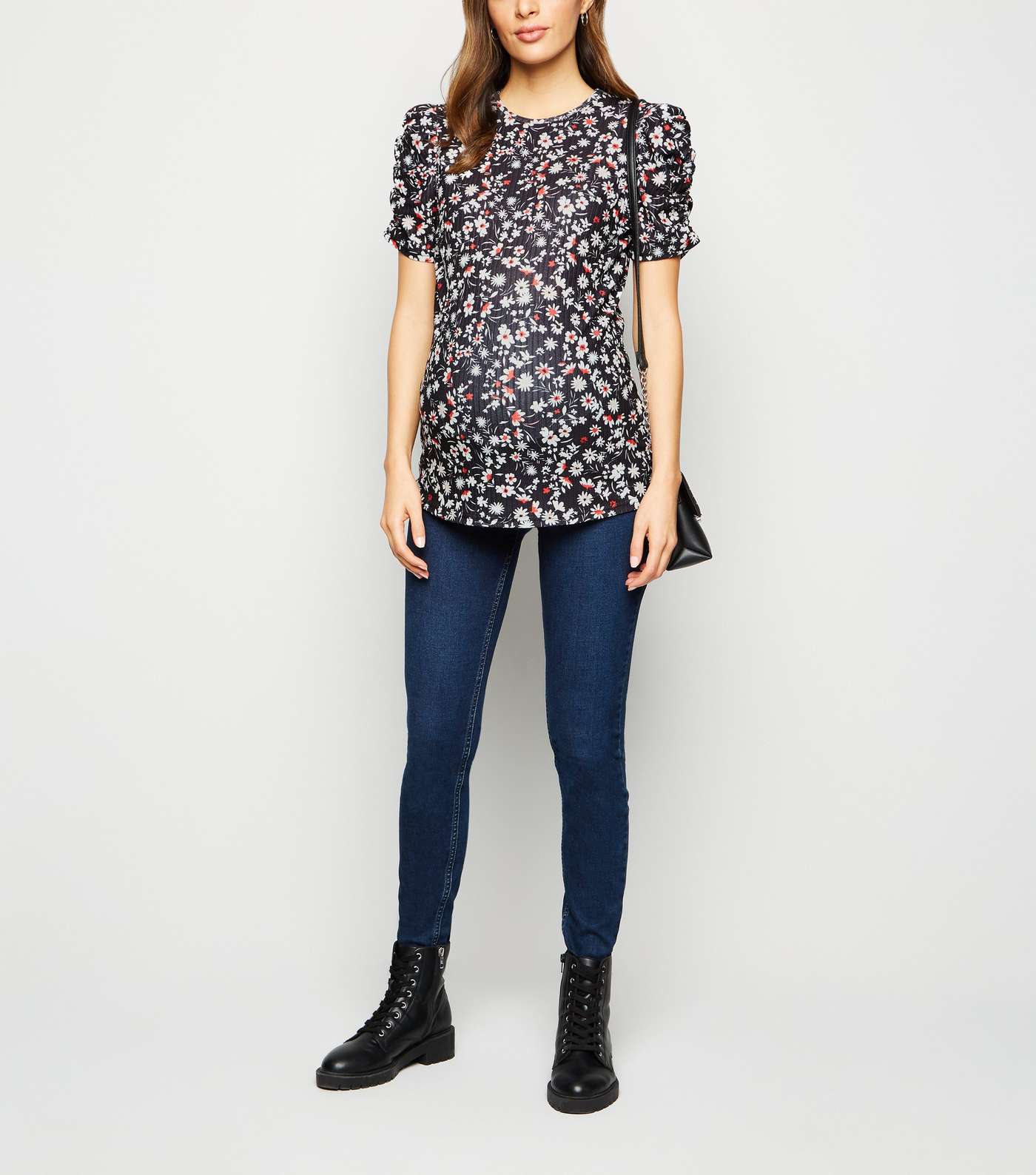 Maternity Black Floral Ruched Sleeve T-Shirt Image 2